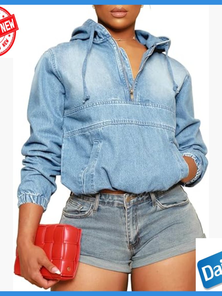 Women's Half Zip Denim Hoodie Pullover Jacket With Drawstring Hood